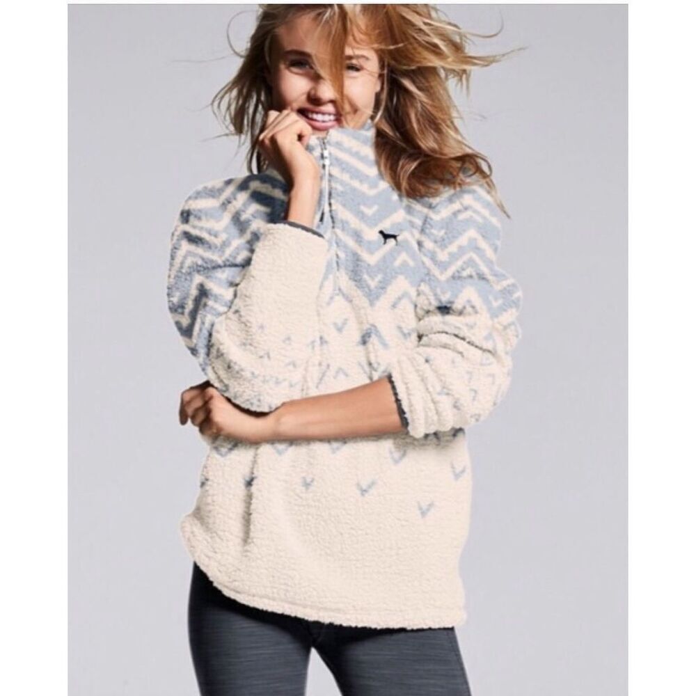 VS‎ Pink Victoria’s Secret Quarter Zip Fleece Pullover White Baby Blue S